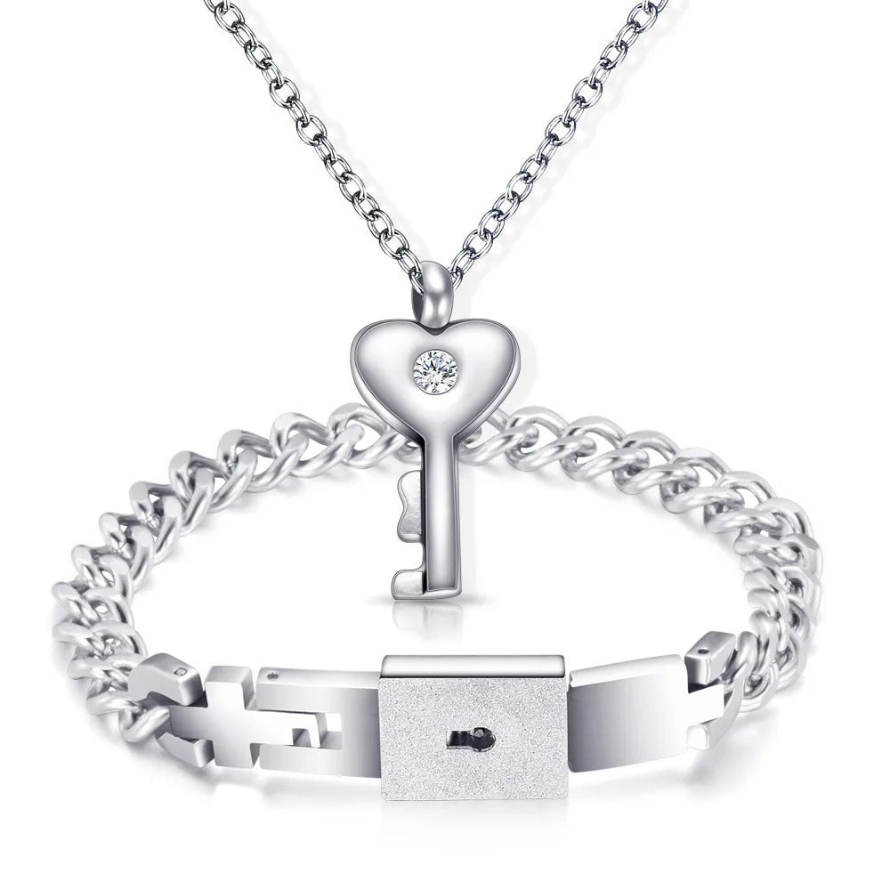 Brazalete para pareja con cerradura y collar con llave